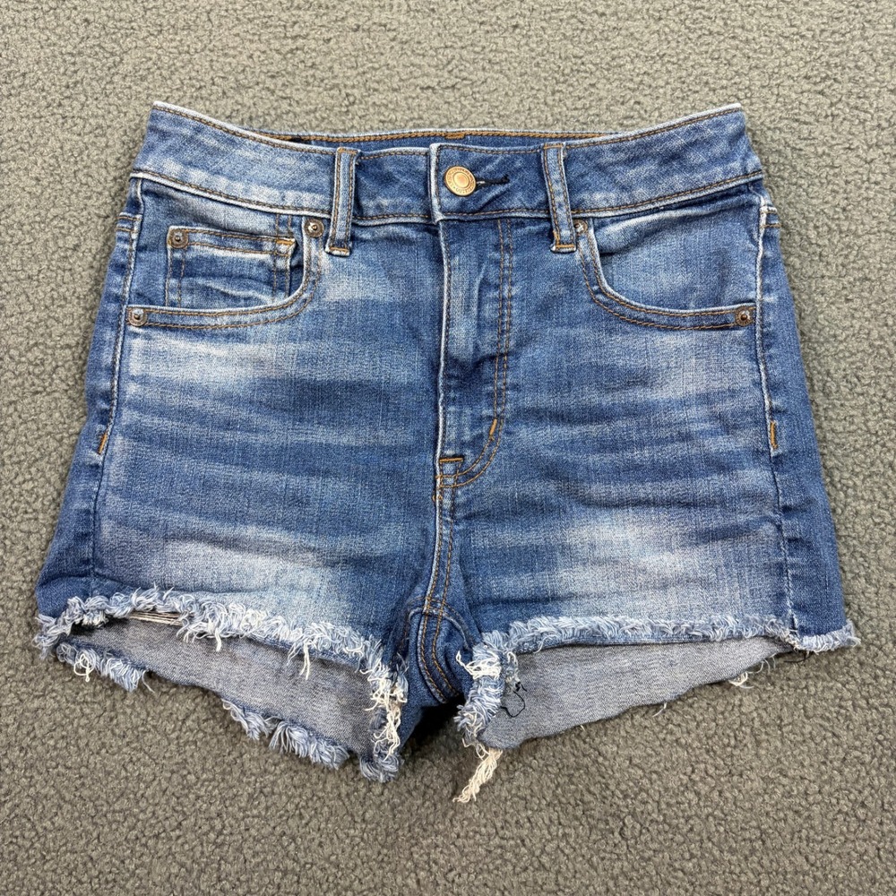 American Eagle Shorts Womens 0 Blue Super Hi-Rise Shortie Super Stretch X Frayed